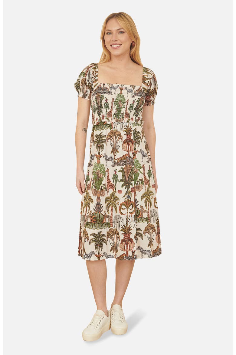 Cotton Safari Print Ruched Midi Dress, Main, color, Multi
