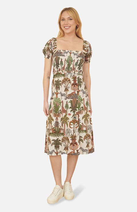 Cotton Safari Print Ruched Midi Dress