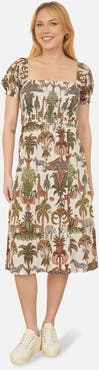 Yumi Cotton Safari Print Ruched Midi Dress
