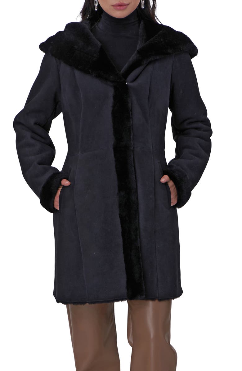 GORSKI Genuine Shearling Hooded Stroller, Main, color, Black
