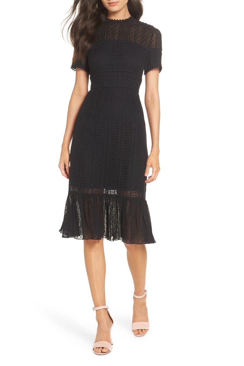Lace & Swiss Dot Dress, Main, color, BLACK
