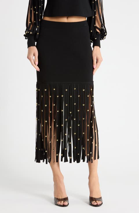 Melva Studded Fringe Midi Skirt