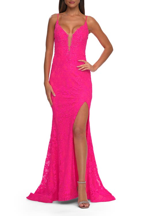 La Femme Lace Dress With Deep V-neck And Rhinestones In Neon Pink