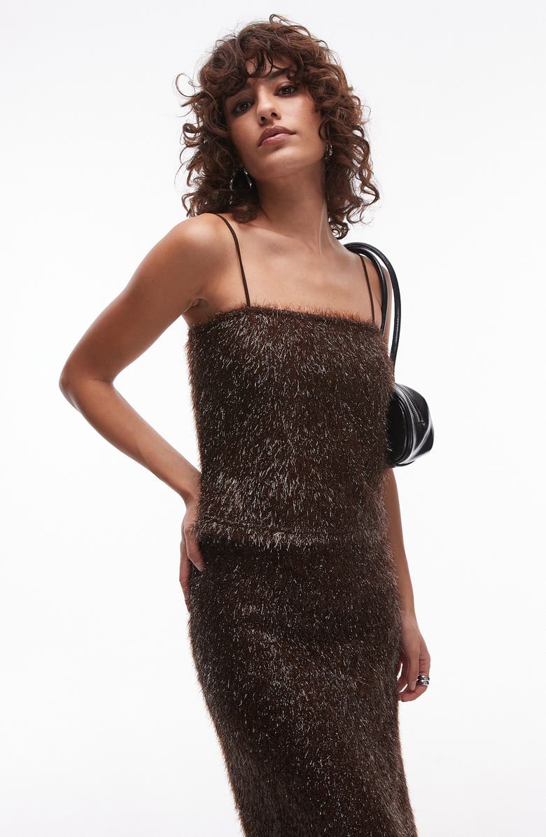 Topshop Tinsel Crop Camisole, Main, color, Brown