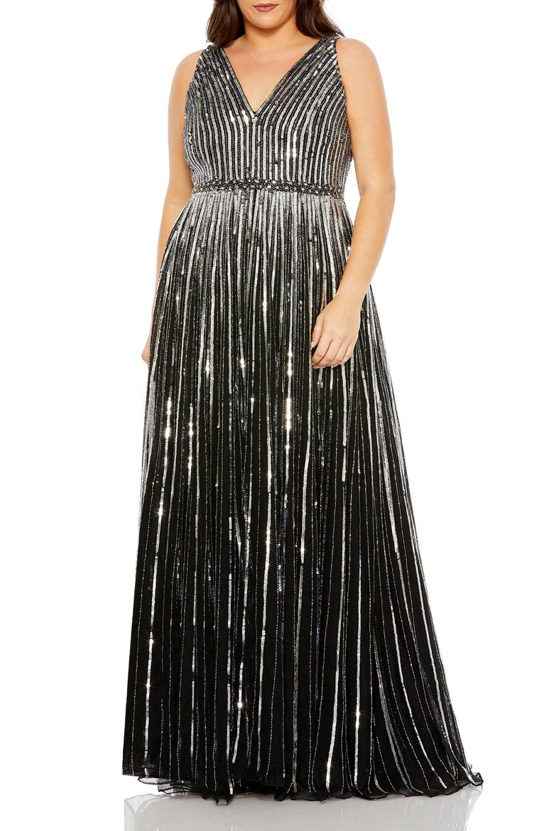 Sequined Striped Sleeveless V Neck A Line Gown, Main, color, BLACK SILVER