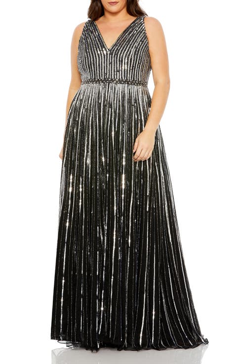 Sequined Striped Sleeveless V Neck A Line Gown
