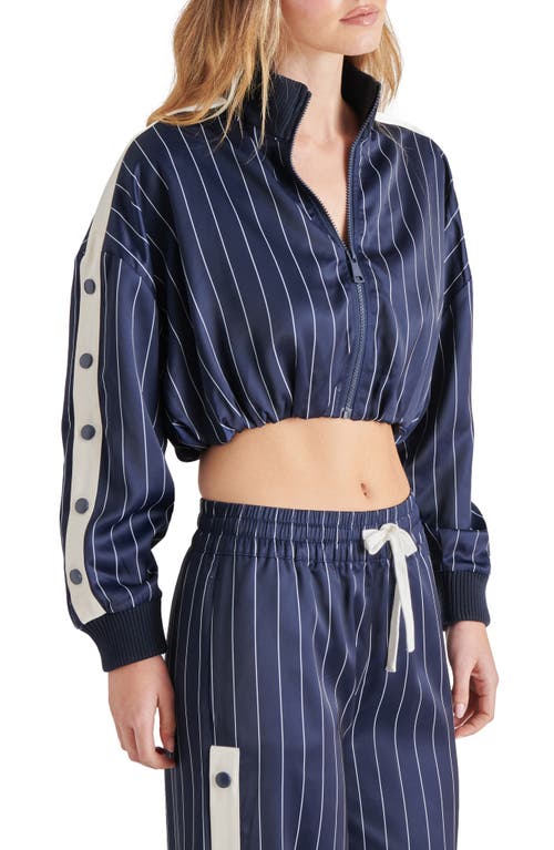 Steve Madden Beckham Pinstripe Crop Satin Jacket In Navy