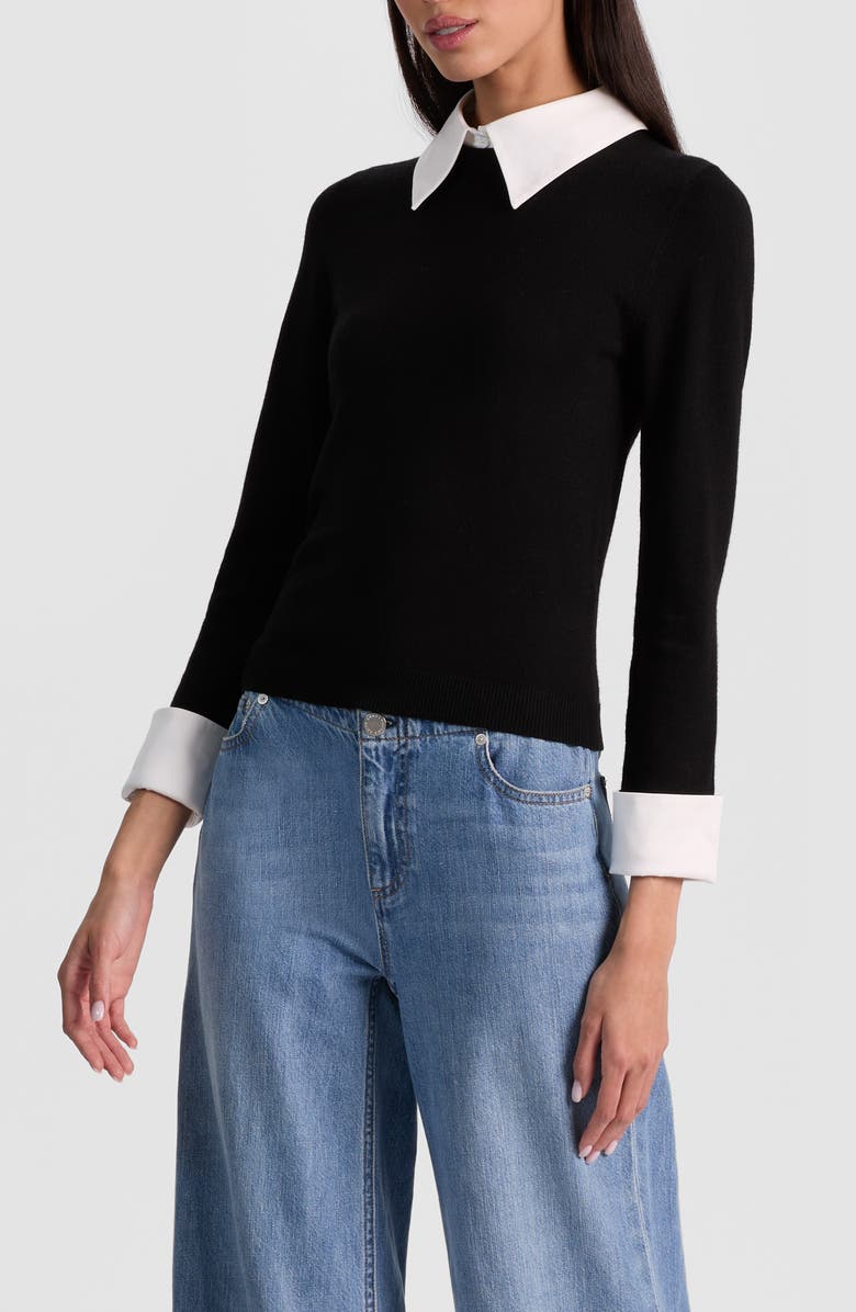 Alice + Olivia Porla Collared Wool Blend Mixed Media Sweater, Alternate, color, Black