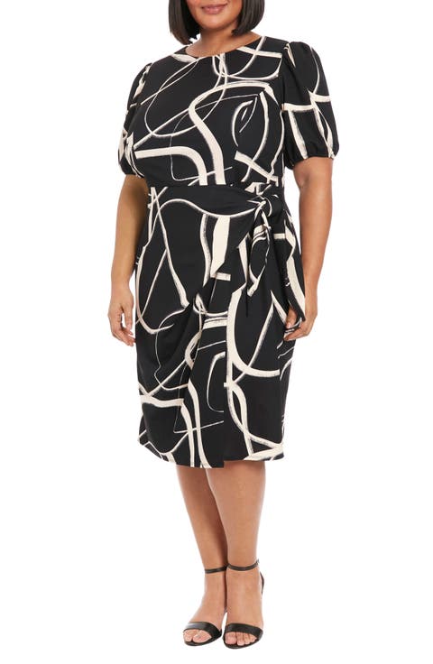 Puff Sleeve Tie Waist Midi Dress (Plus)