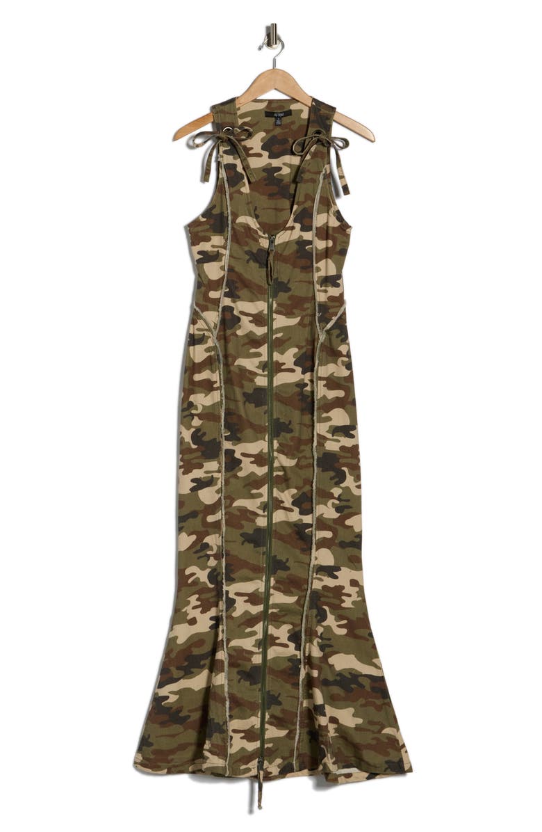 AFRM LOS ANGELES Maisie The Grommet Zip Stretch Cotton Maxi Dress, Alternate, color, Woodland Camo