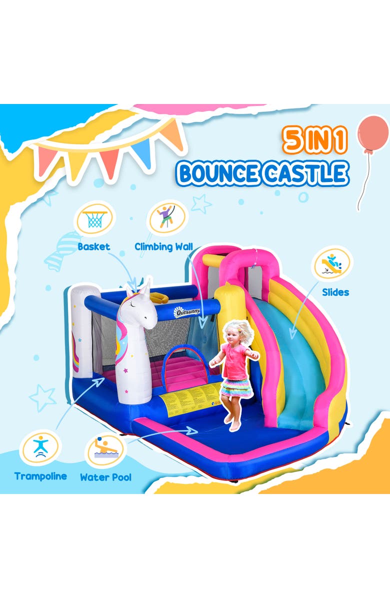 Outsunny 5 in 1 Inflatable Water Slide Park Castle Bounce House Trampoline, Alternate, color, Multi Color