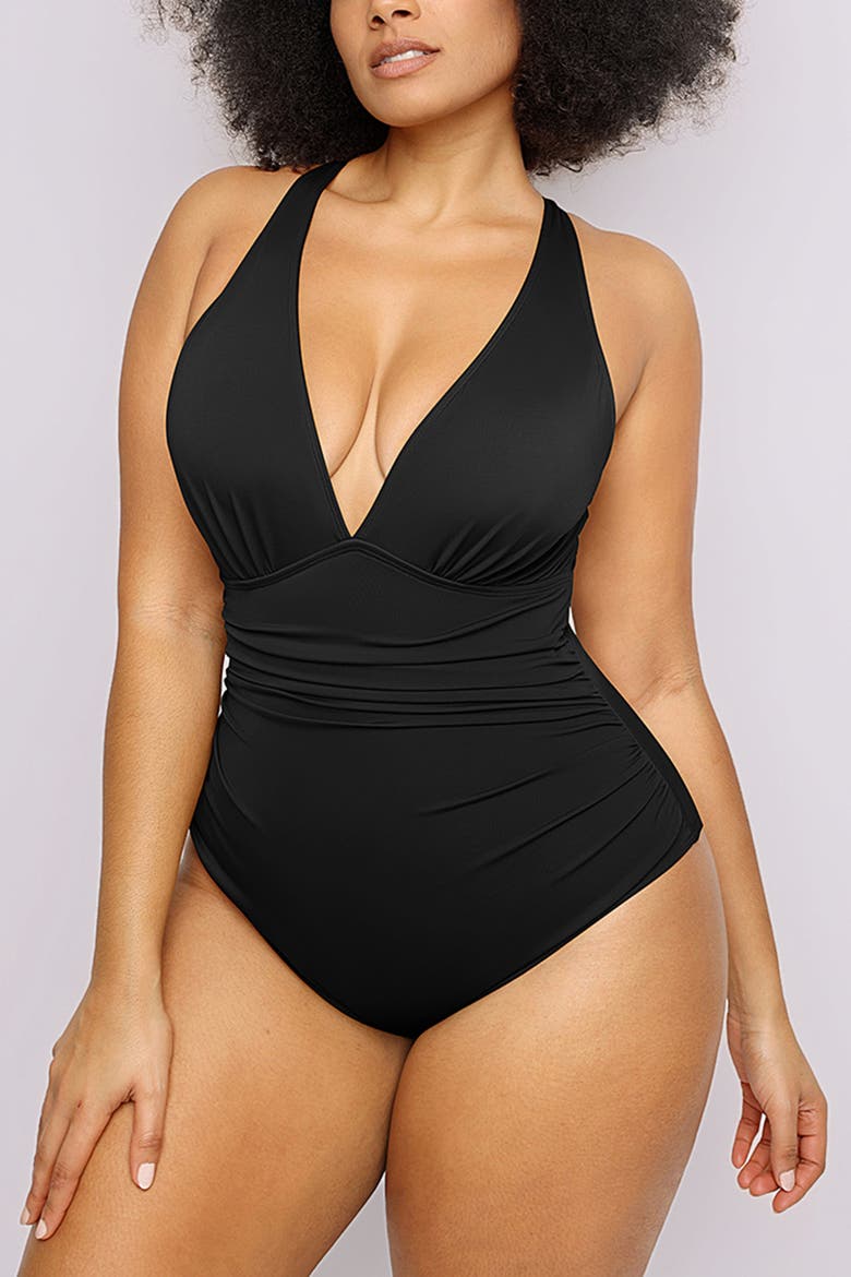 Ruched Plunge Tummy Control One-Piece Swimsuit, Alternate, color, Jet Black