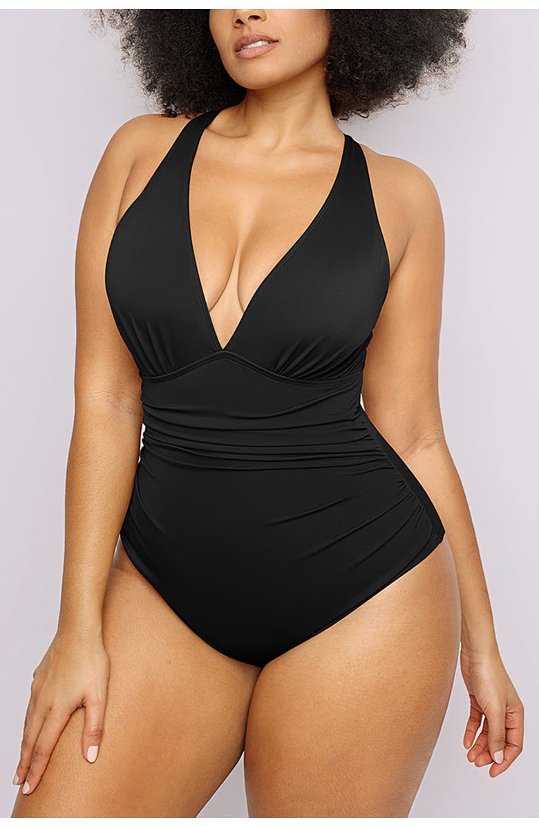 Shapellx Tummy Control Plunge Cutout Swimsuit, Alternate, color, Jet Black
