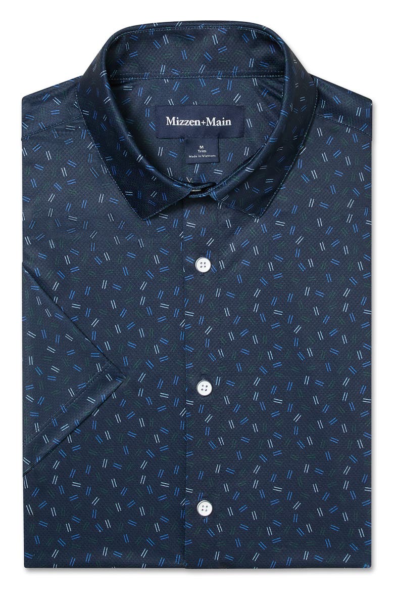 Halyard Trim Fit Navy Scattered Dash Short Sleeve Performance Button-Up Shirt, Alternate, color, MIDNIGHT NAVY SCATTERED DASH