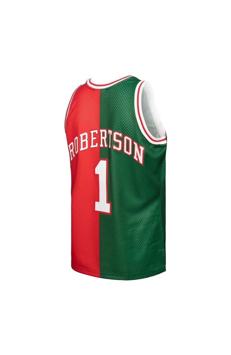 Mitchell & Ness Men's Mitchell & Ness Oscar Robertson Green/Red Milwaukee Bucks Hardwood Classics 1971/72 Split Swingman Jersey, Alternate, color, 
