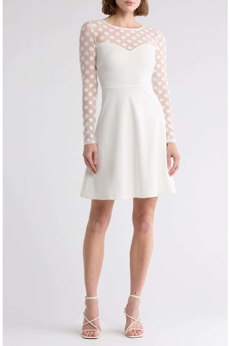 Elodie Polka Dot Mesh Long Sleeve Fit & Flare Dress, Main, color, CREAM