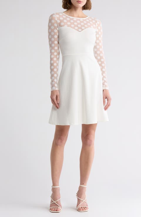 Elodie Polka Dot Mesh Long Sleeve Fit & Flare Dress