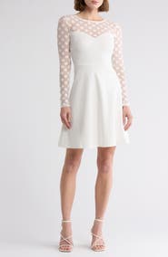 Love By Design Elodie Polka Dot Mesh Long Sleeve Fit & Flare Dress