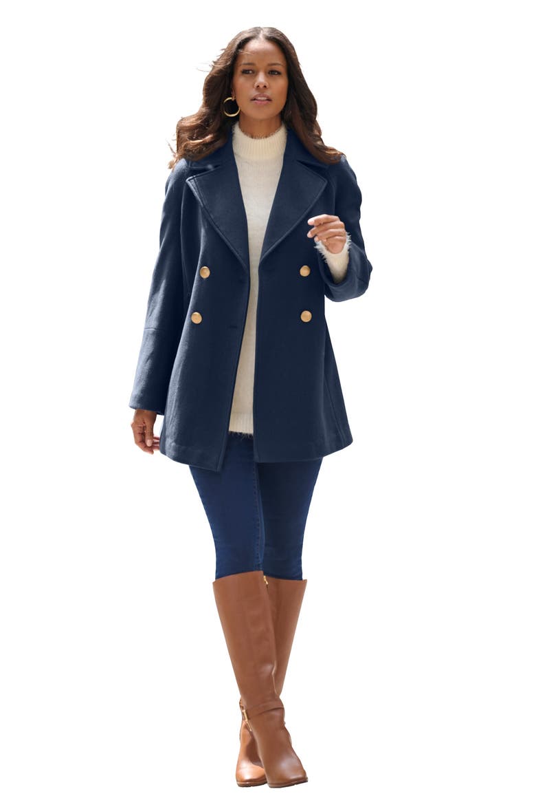 Plus Size Wool Blend A Line Peacoat, Main, color, NAVY