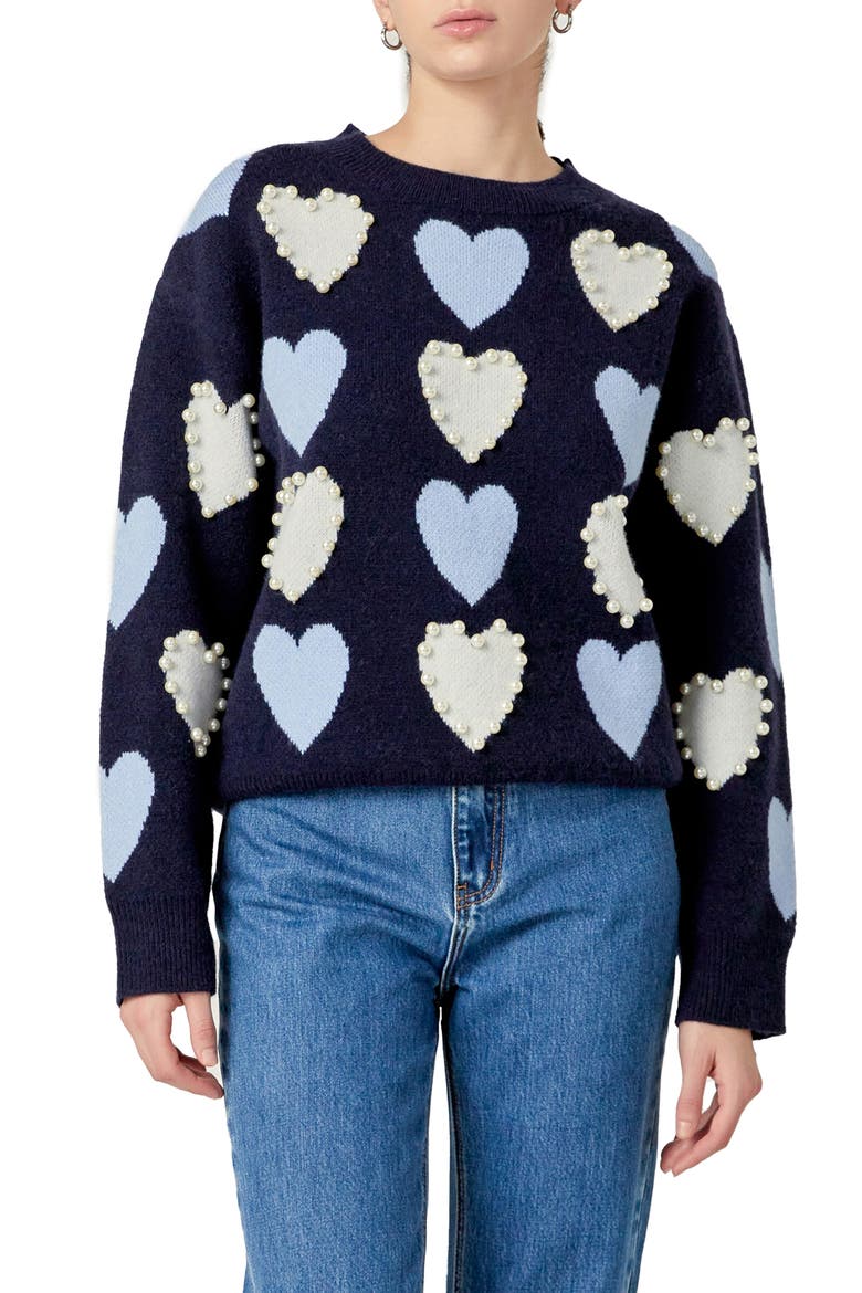 Heart Faux Pearl Embellished Crewneck Sweater, Main, color, NAVY MULTI