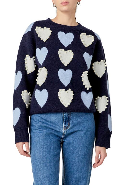 English Factory Heart Faux Pearl Embellished Crewneck Sweater In Navy Multi