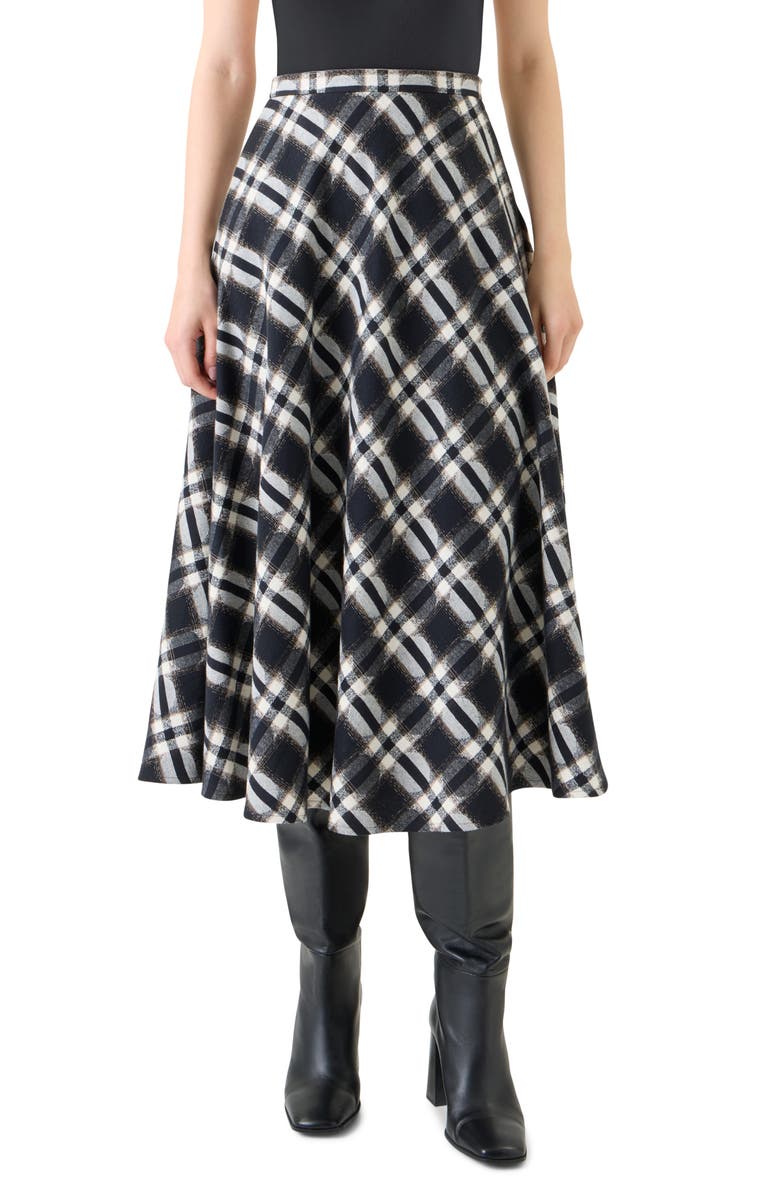 Akris punto Dot Plaid Cotton A-Line Skirt, Main, color, Black-Cream-Camel