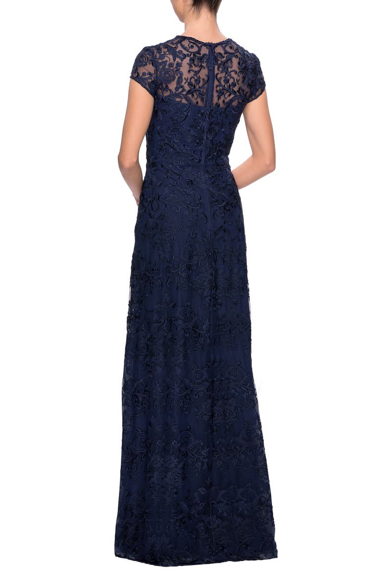 Cap Sleeve Floral Gown with Sweetheart Neckline, Alternate, color, NAVY