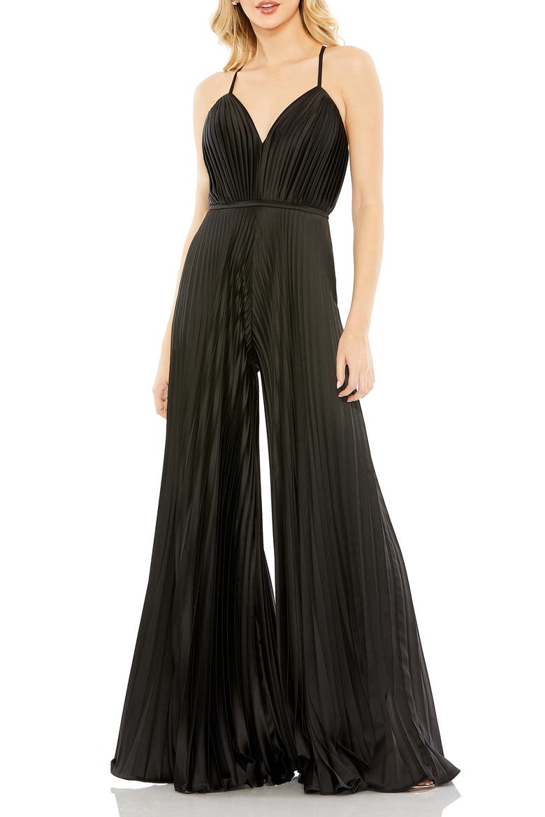 Pleated Satin Wide Leg Jumpsuit, Main, color, BLACK