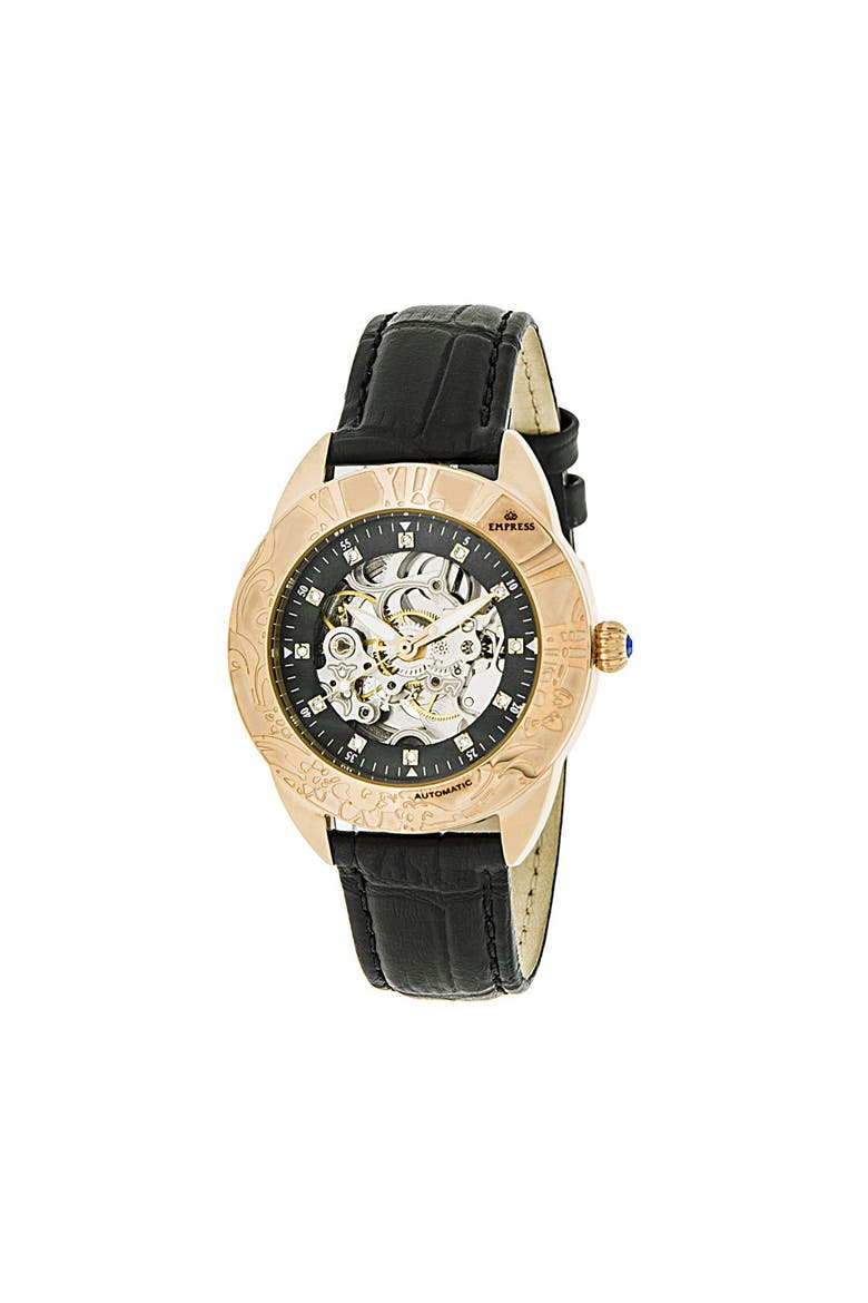 Godiva Automatic MOP Leather-Band Watch, Main, color, Black