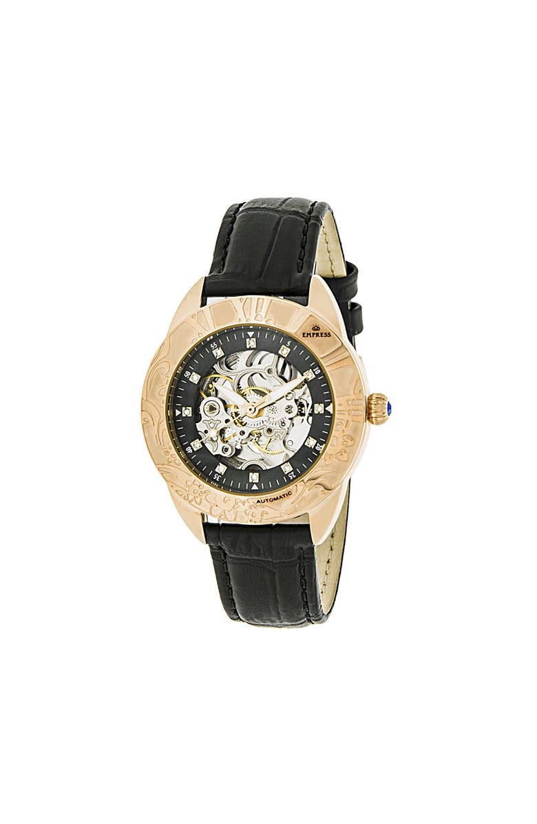 Empress Godiva Automatic MOP Leather-Band Watch, Main, color, Black