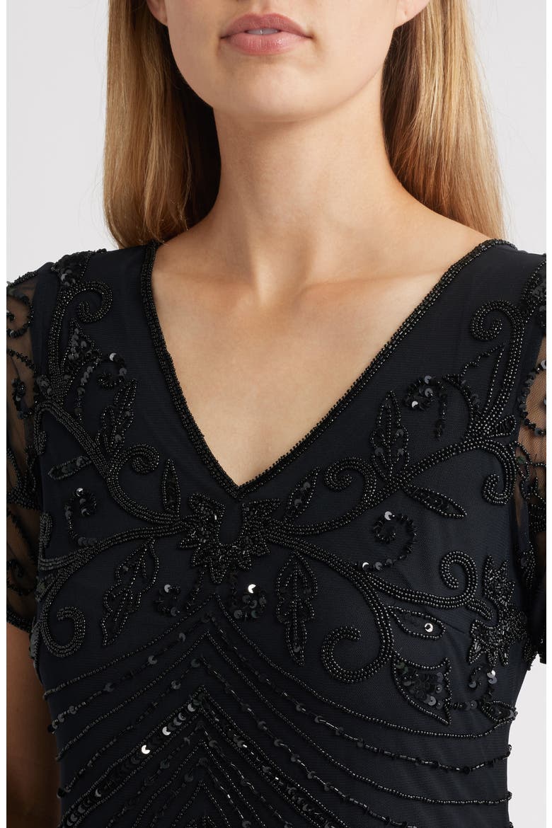 Beaded Mesh Gown, Alternate, color, BLACK