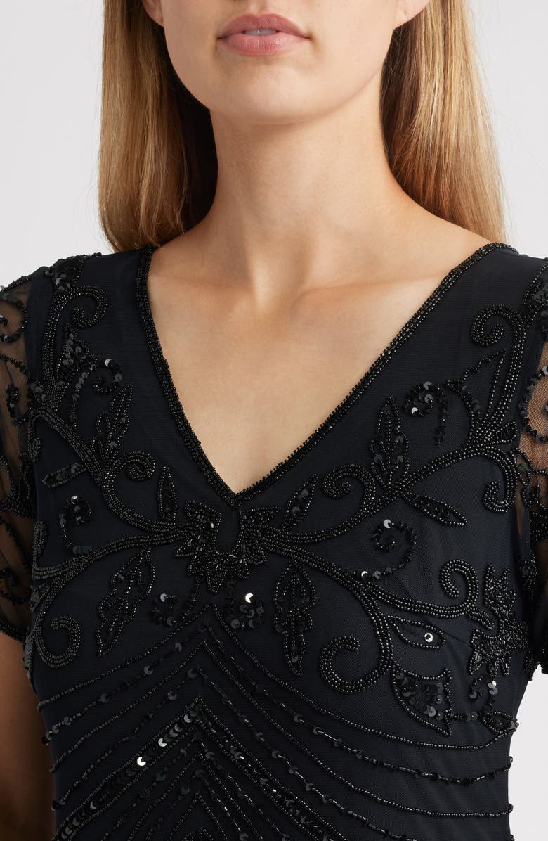 Pisarro Nights Beaded Mesh Gown, Alternate, color, Black