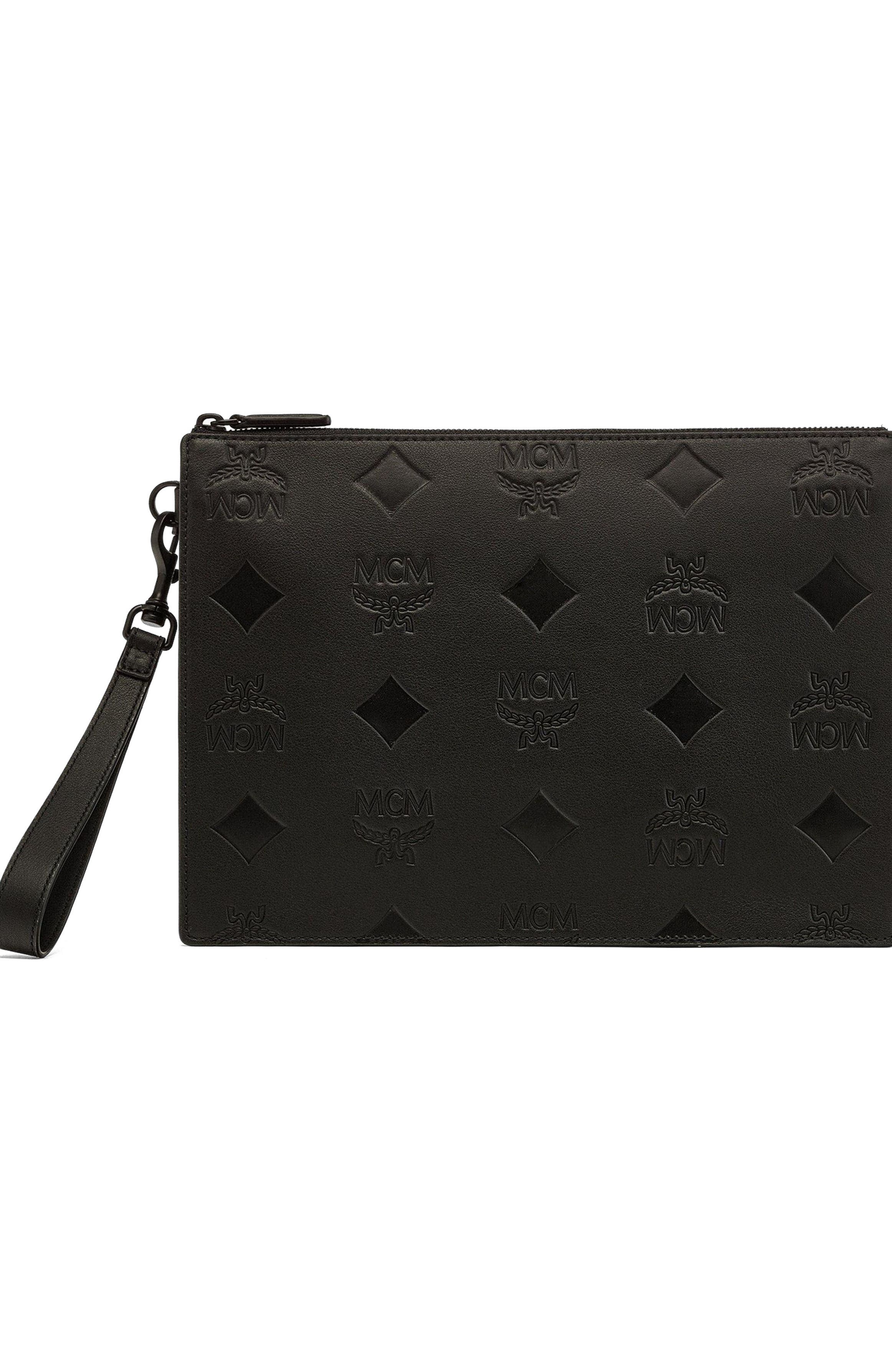 MCM Aren Wristlet Pouch in Maxi Monogram Leather, Main, color, Black