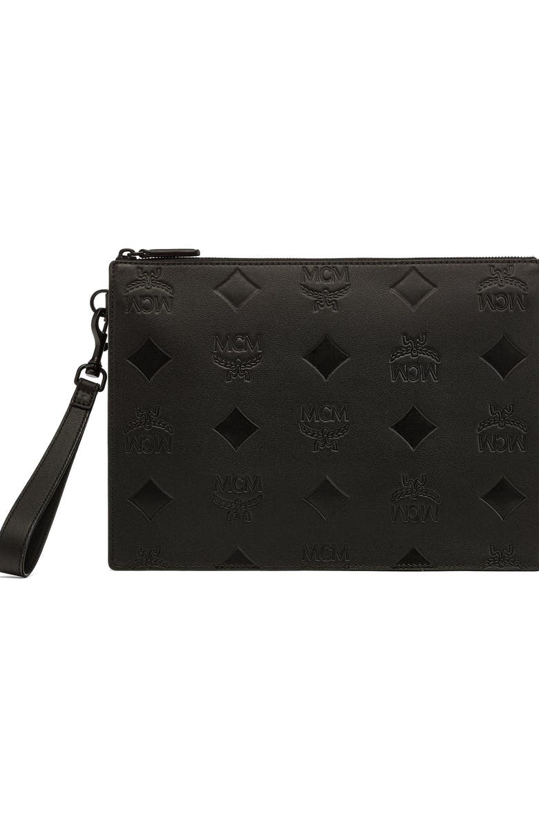 MCM Aren Wristlet Pouch in Maxi Monogram Leather, Main, color, Black
