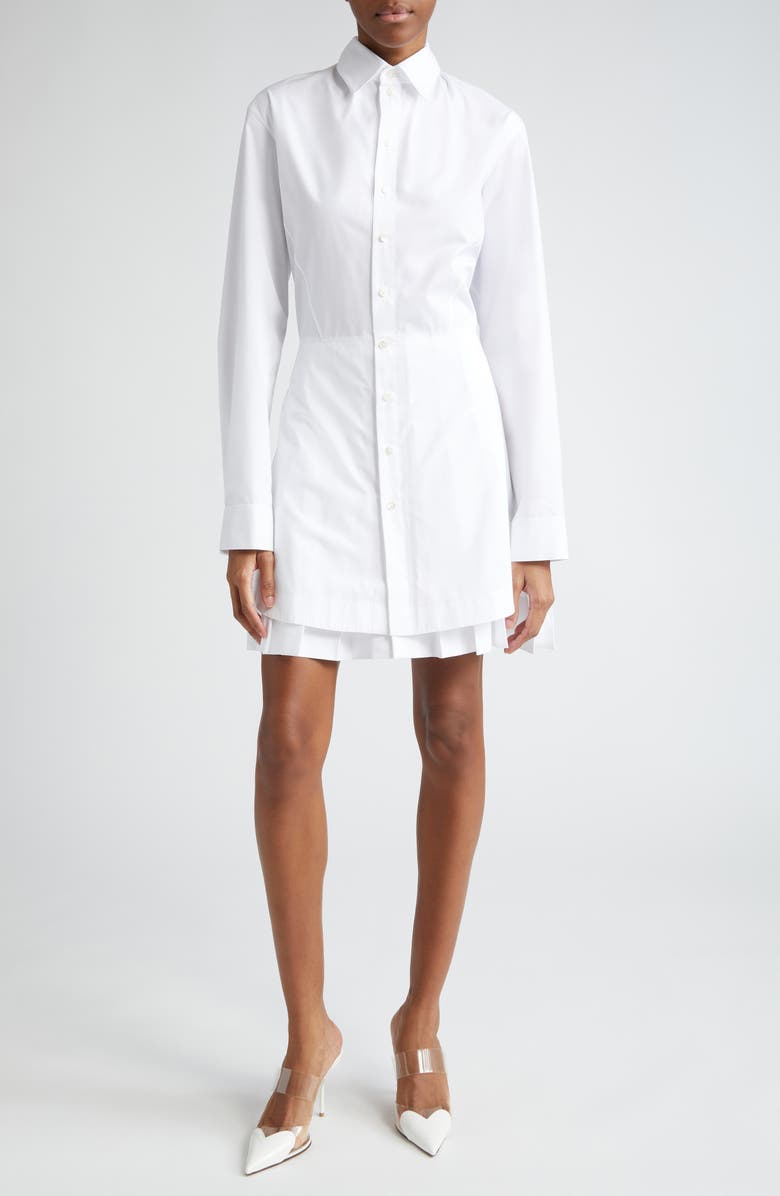Alaïa Pleated Long Sleeve Cotton Blend Poplin Shirtdress, Main, color, 