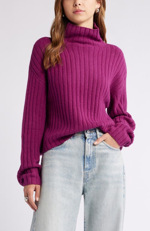 Open Edit Women's Cotton Blend Rib Funnel Neck Sweater in Magenta 