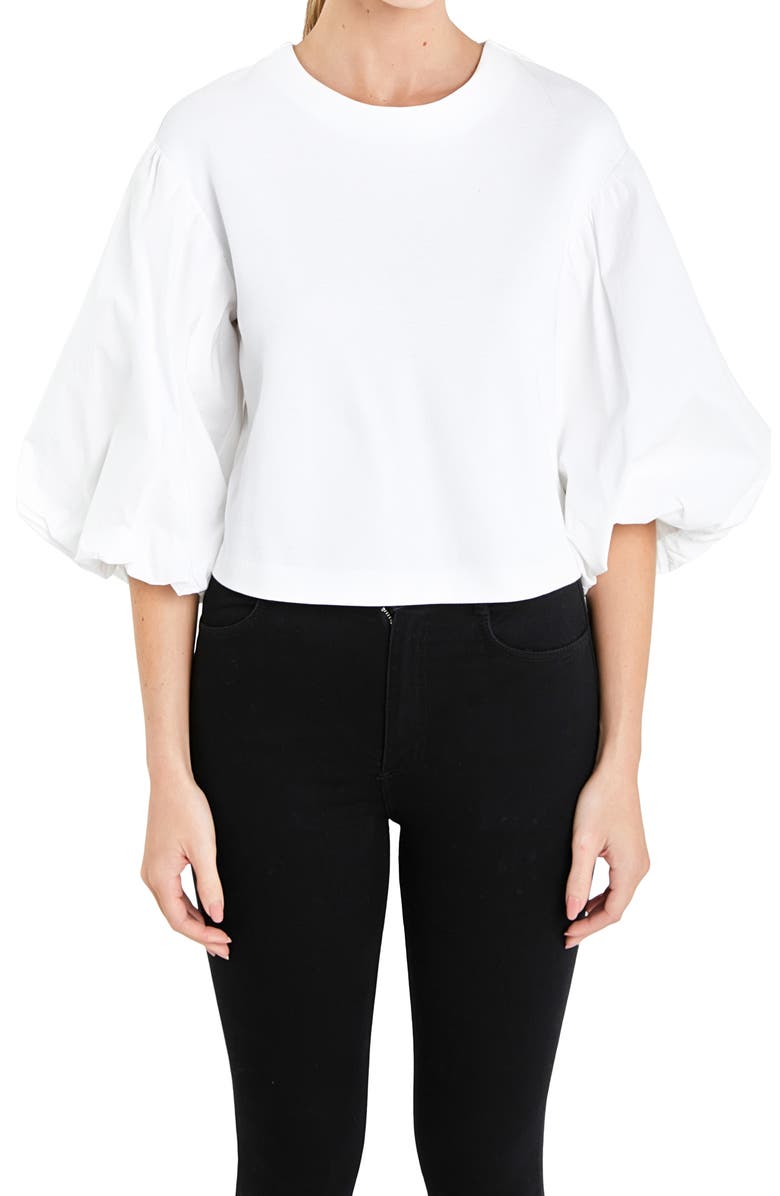 English Factory Puff Sleeve Mixed Media Sweatshirt Top, Alternate, color, White