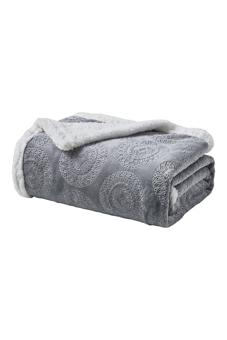 Embossed Caesar Faux Shearling Throw Blanket, Main, color, GREY