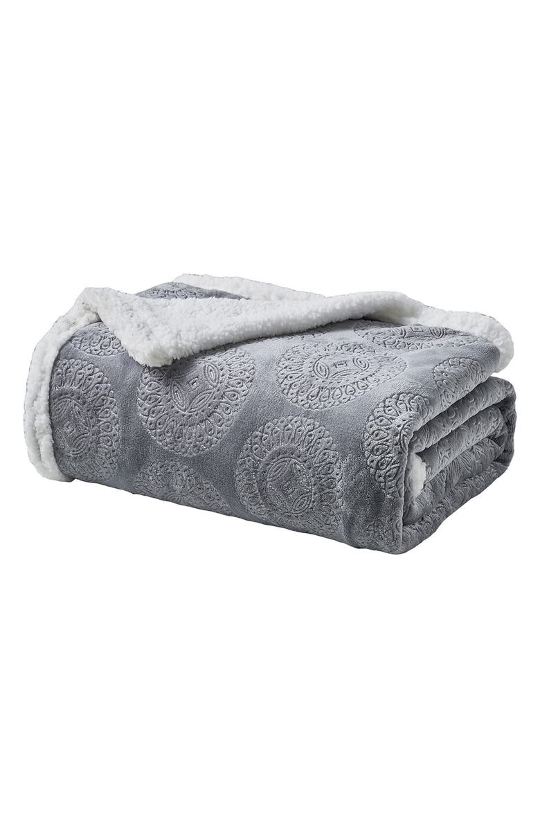 Luxury Home Embossed Caesar Faux Shearling Throw Blanket, Main, color, Grey
