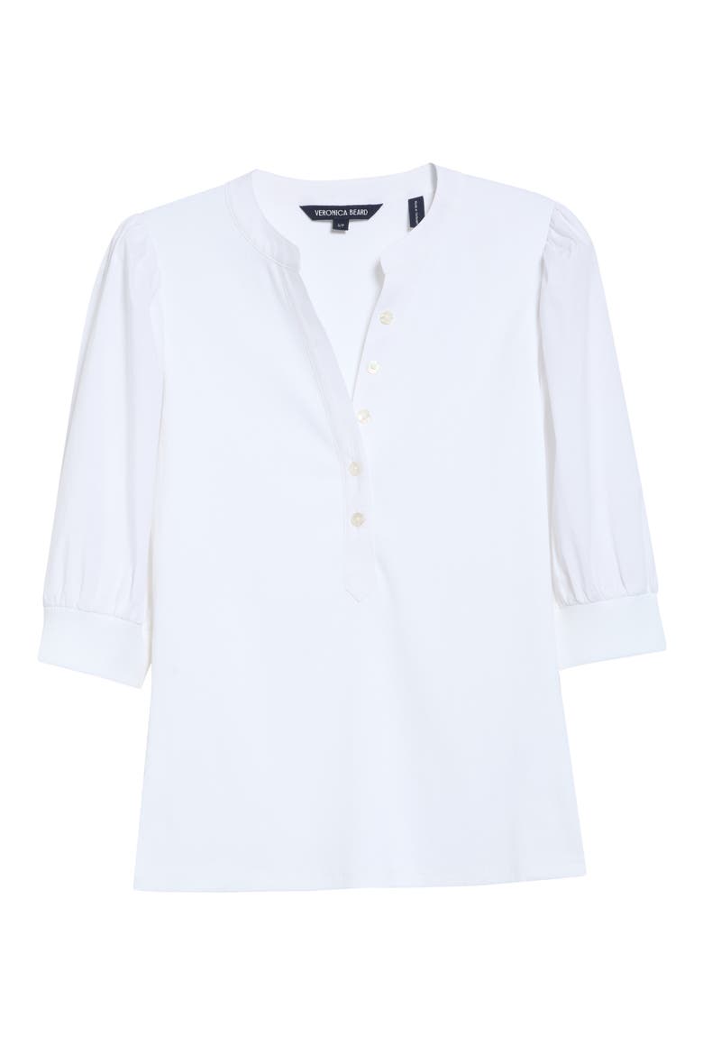 Coralee Puff Sleeve Mixed Media Henley Top, Alternate, color, WHITE