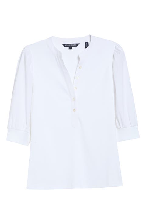 Coralee Puff Sleeve Mixed Media Henley Top
