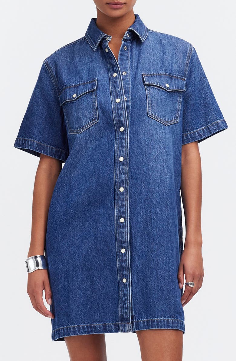 Madewell Oversize Short Sleeve Denim Shirtdress, Main, color,