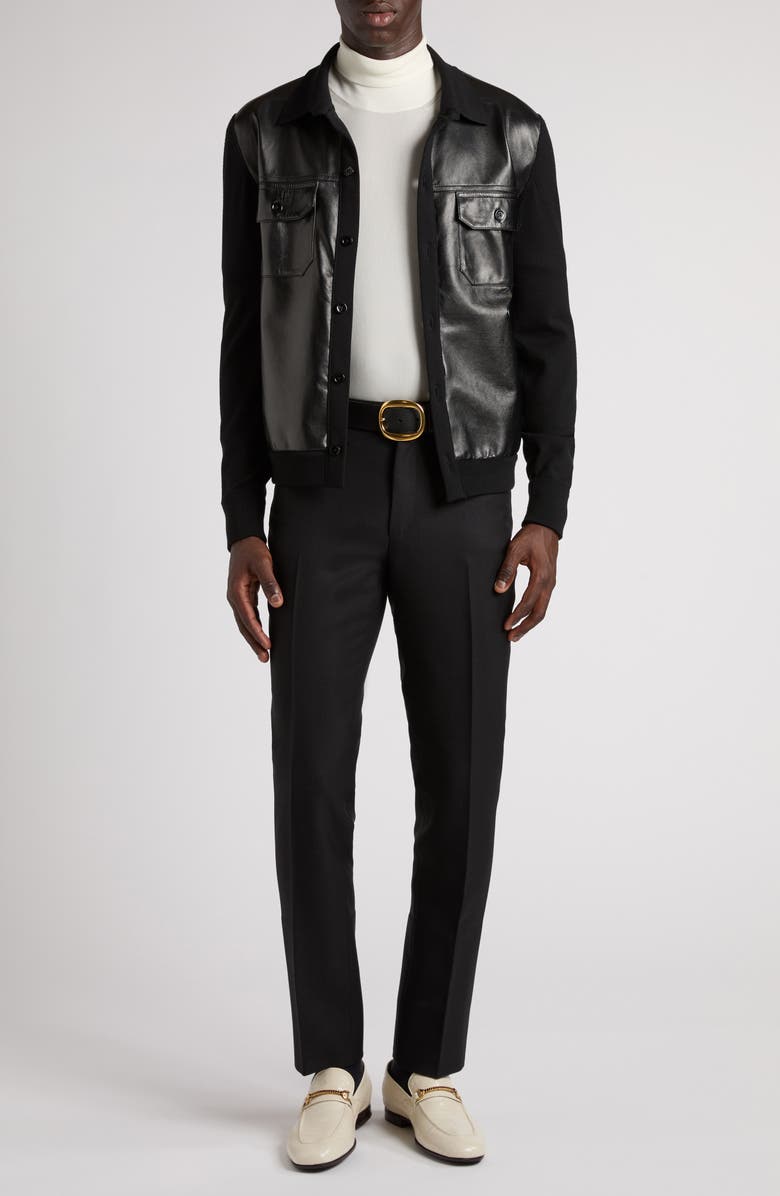 TOM FORD Mixed Media Leather & Wool Shirt Jacket, Alternate, color, Lb999 Black