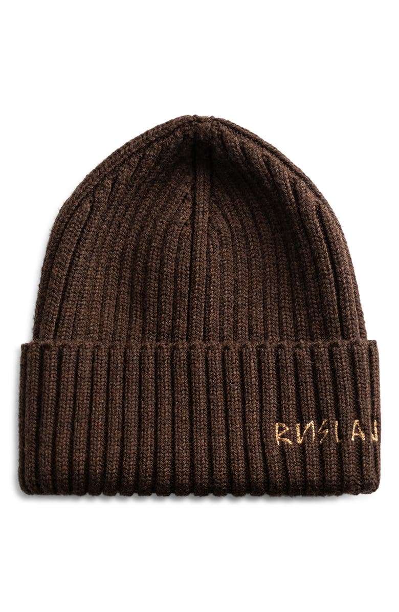 Ruslan Baginskiy Monogram Embroidered Merino Wool Beanie, Main, color, Brown