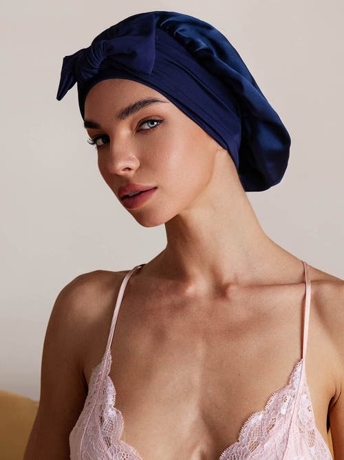Silksilky Pure Silk Bowknot Tie Bonnet In Blue