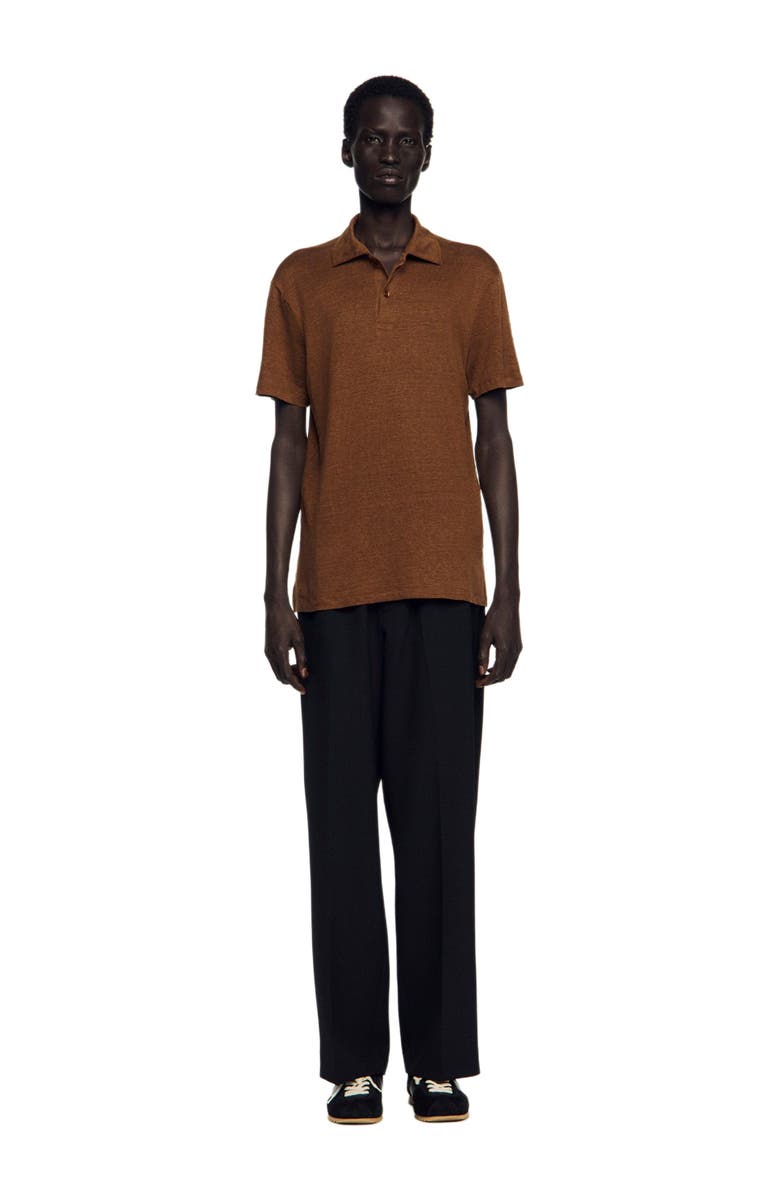 SANDRO Linen polo shirt, Alternate, color, Tobacco Brown
