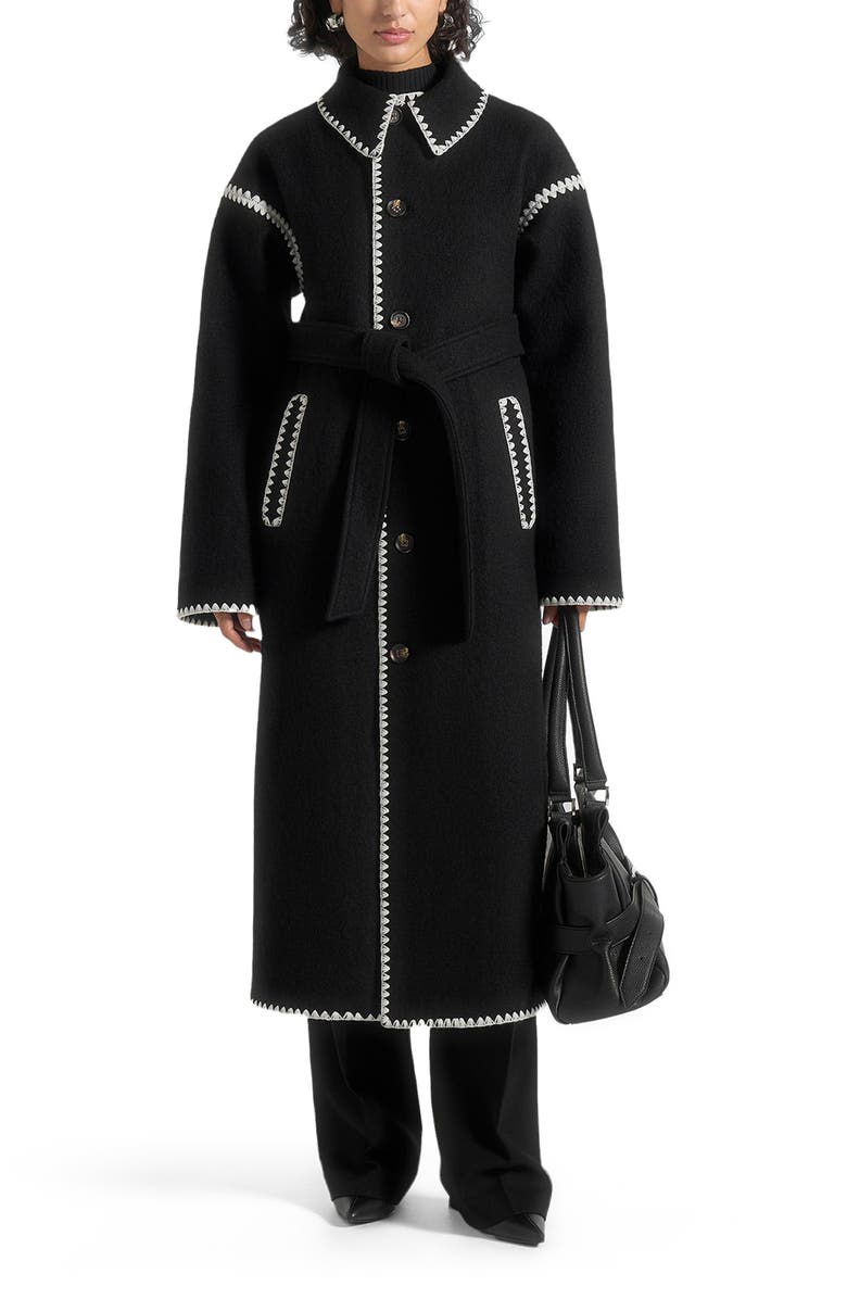 Manière De Voir Elora Wool Blanket Stitch Belted Longline Coat, Main, color,