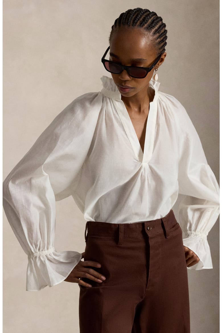 Ruffle Trim Cotton & Silk Organdy Top, Alternate, color, WHITE