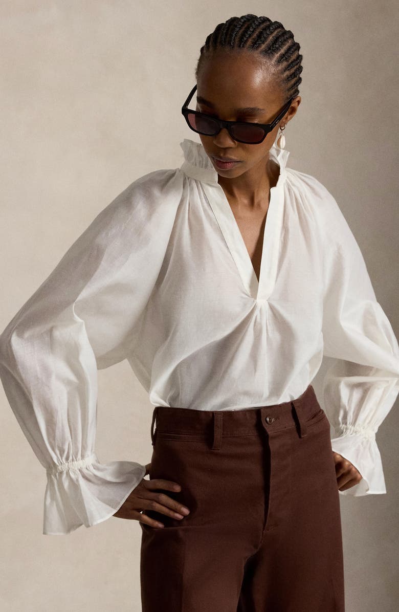 Polo Ralph Lauren Ruffle Trim Cotton & Silk Organdy Top, Alternate, color, White