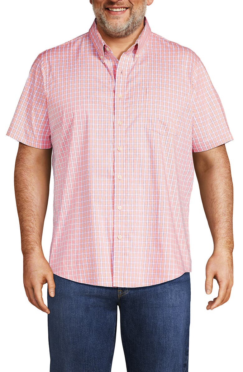 Lands' End Traditional Fit Short Sleeve Travel Kit Shirt, Main, color, Crisp Peach/Cobalt Plaid